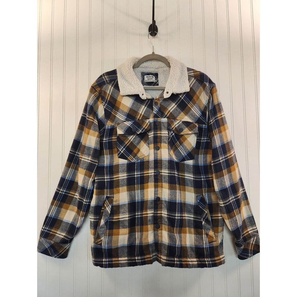 Hurley Mens Sherpa Lined Flannel Shirt Jacket Plaid Blue Tan Med Cozy Outdoor